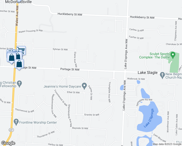 map of restaurants, bars, coffee shops, grocery stores, and more near 6300 Portage Street Northwest in North Canton