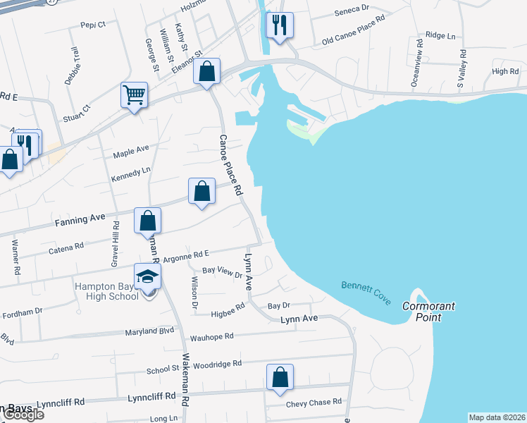 map of restaurants, bars, coffee shops, grocery stores, and more near 59 Canoe Place Road in Hampton Bays