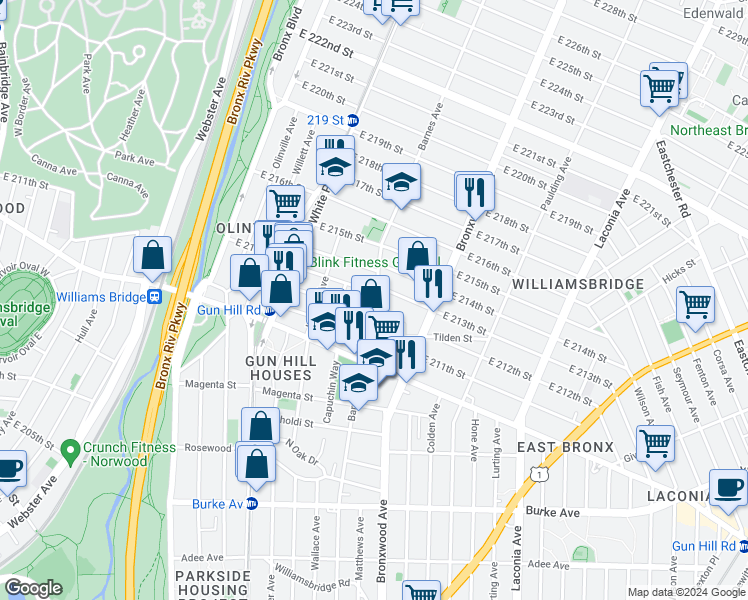 map of restaurants, bars, coffee shops, grocery stores, and more near 3537 Barnes Avenue in The Bronx