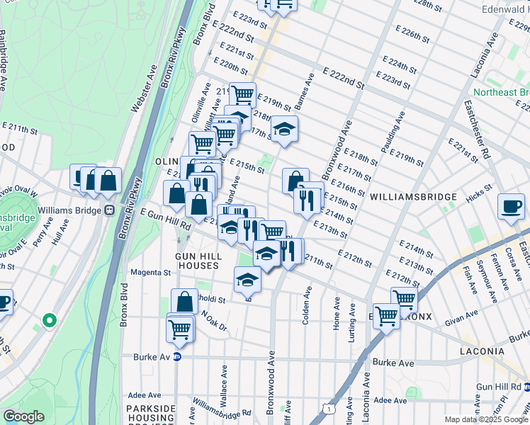 map of restaurants, bars, coffee shops, grocery stores, and more near 3537 Barnes Avenue in Bronx