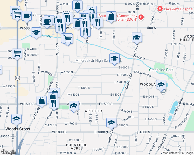 map of restaurants, bars, coffee shops, grocery stores, and more near 70 East 1100 South in Bountiful