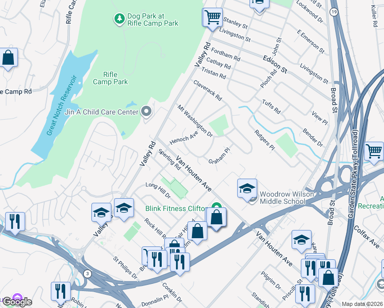map of restaurants, bars, coffee shops, grocery stores, and more near 24 Garrabrant Road in Clifton