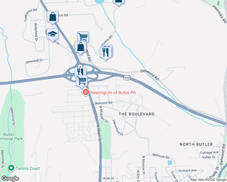 map of restaurants, bars, coffee shops, grocery stores, and more near 113 Summer Street in Butler