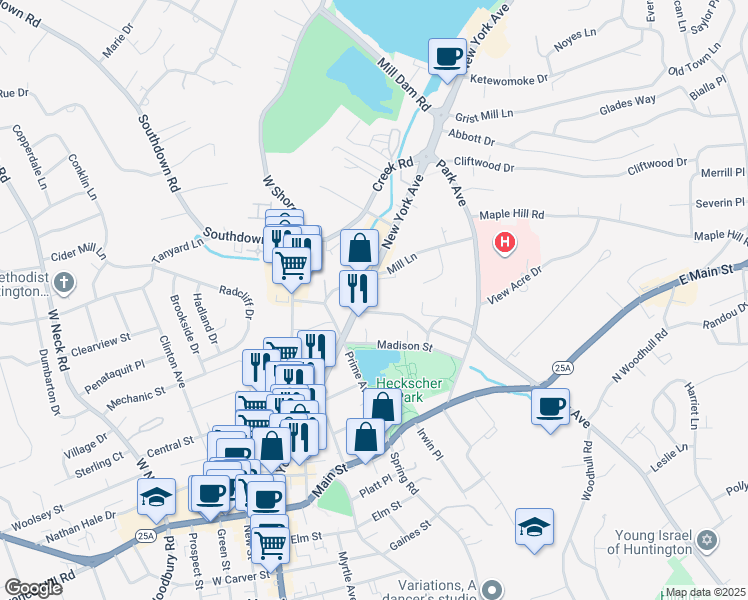 map of restaurants, bars, coffee shops, grocery stores, and more near 152 New York Avenue in Huntington