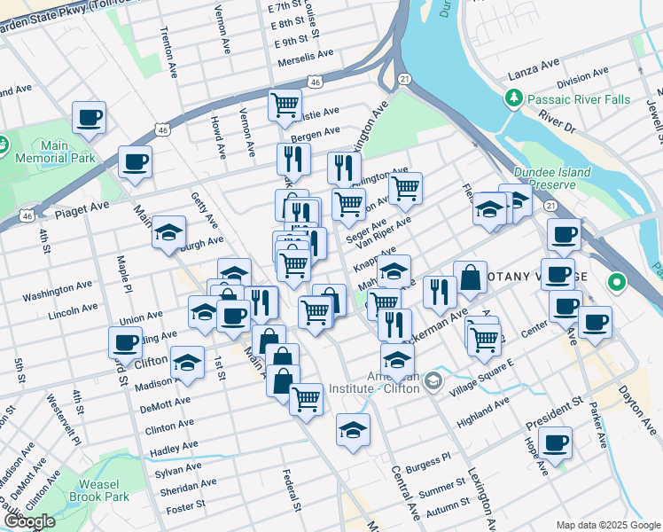 map of restaurants, bars, coffee shops, grocery stores, and more near 10 Alyea Terrace in Clifton