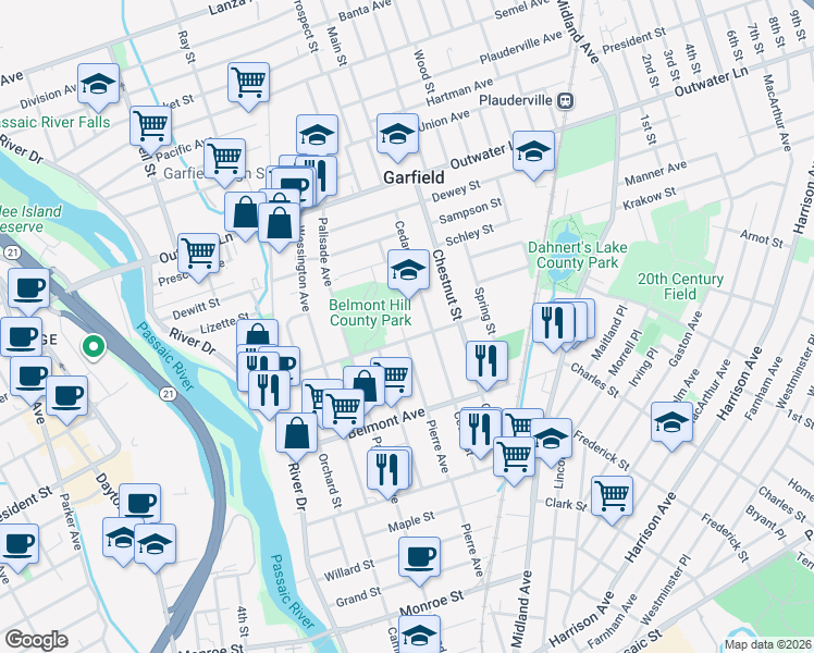 map of restaurants, bars, coffee shops, grocery stores, and more near 270 Pierre Avenue in Garfield