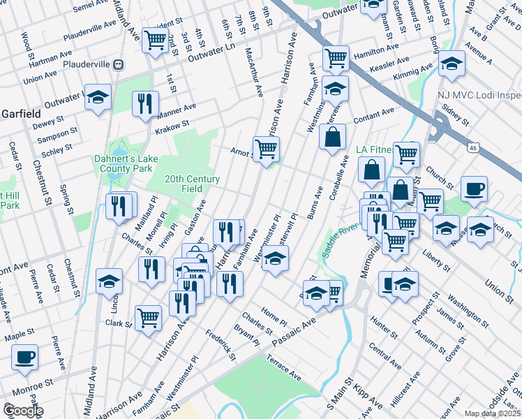 map of restaurants, bars, coffee shops, grocery stores, and more near 325 Farnham Avenue in Lodi