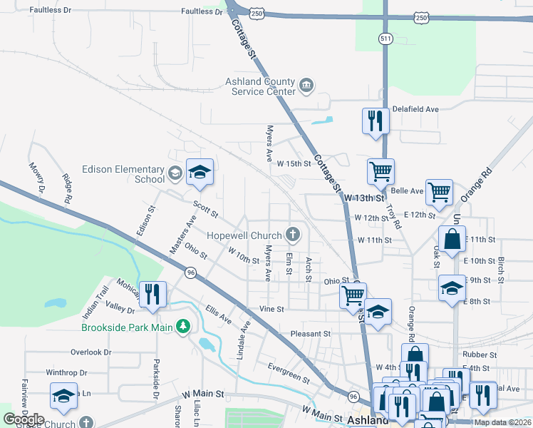 map of restaurants, bars, coffee shops, grocery stores, and more near 1208 Myers Avenue in Ashland