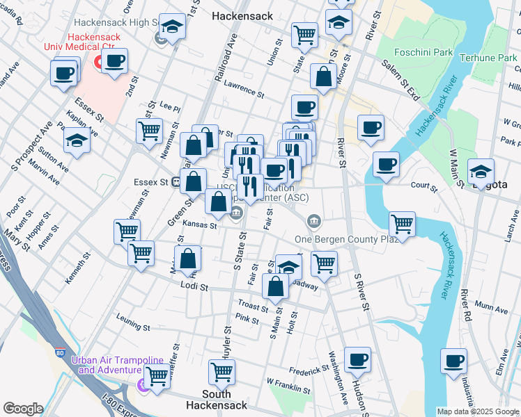 map of restaurants, bars, coffee shops, grocery stores, and more near 33 Essex Street in Hackensack