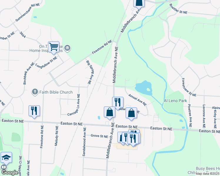 map of restaurants, bars, coffee shops, grocery stores, and more near 6758 Stream Ave NE in Canton