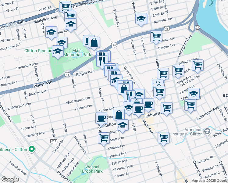 map of restaurants, bars, coffee shops, grocery stores, and more near 76 Washington Avenue in Clifton
