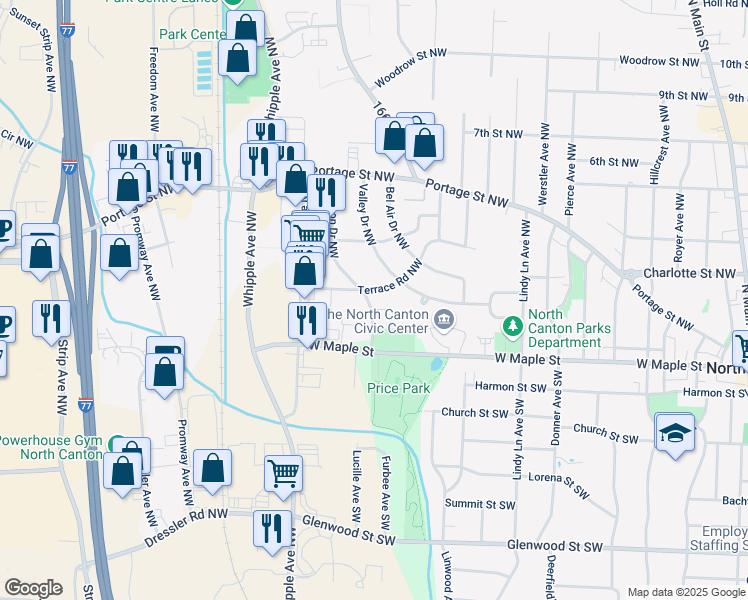 map of restaurants, bars, coffee shops, grocery stores, and more near 1176 Terrace Road Northwest in North Canton