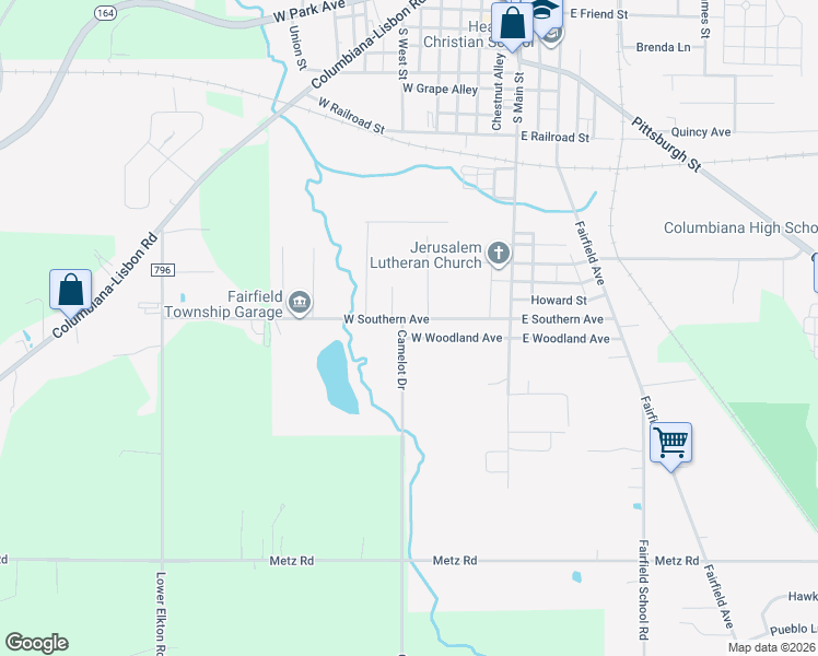 map of restaurants, bars, coffee shops, grocery stores, and more near 121 West Southern Avenue in Columbiana