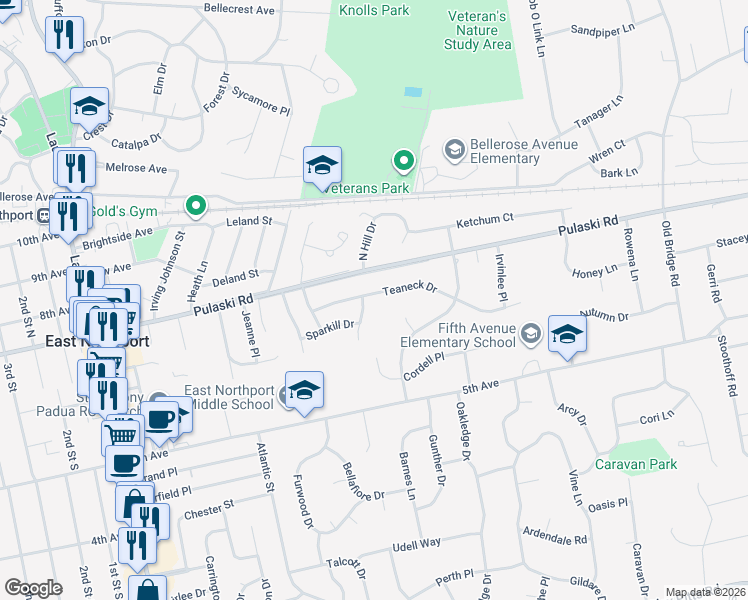 map of restaurants, bars, coffee shops, grocery stores, and more near 14 Teaneck Drive in East Northport