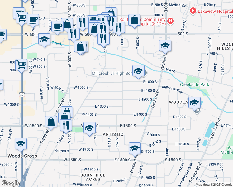 map of restaurants, bars, coffee shops, grocery stores, and more near 70 East 1100 South in Bountiful