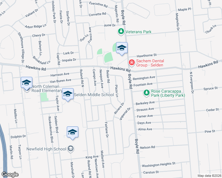 map of restaurants, bars, coffee shops, grocery stores, and more near 19 Belair Road in Selden