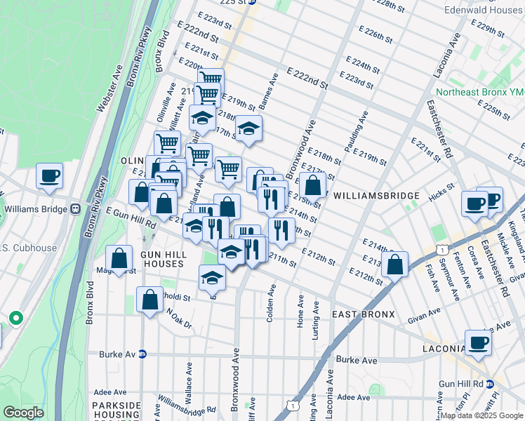 map of restaurants, bars, coffee shops, grocery stores, and more near 849 East 213th Street in Bronx