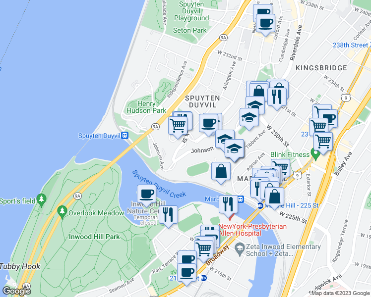 map of restaurants, bars, coffee shops, grocery stores, and more near 555 Kappock Street in Bronx