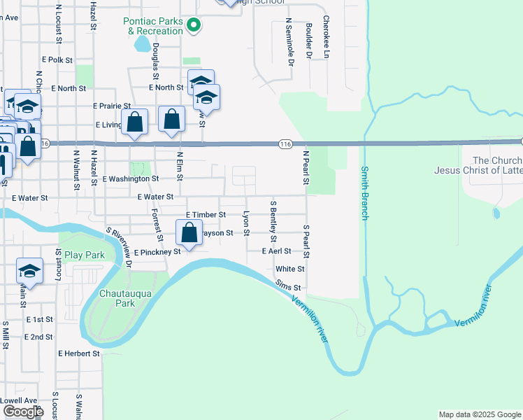 map of restaurants, bars, coffee shops, grocery stores, and more near 711 East Timber Street in Pontiac