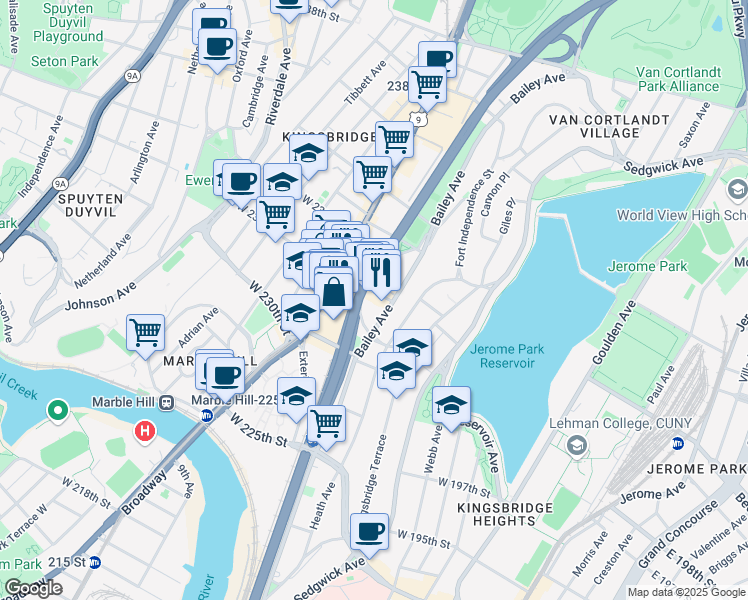 map of restaurants, bars, coffee shops, grocery stores, and more near 160 West 231st Street in Bronx