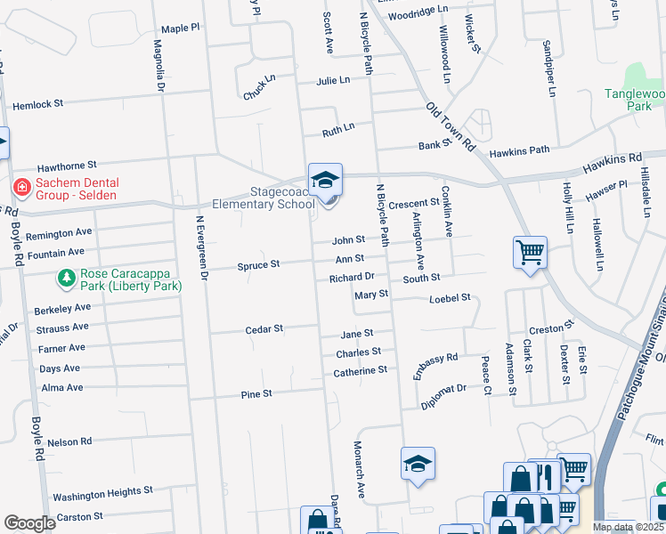 map of restaurants, bars, coffee shops, grocery stores, and more near 12 Ann Street in Selden