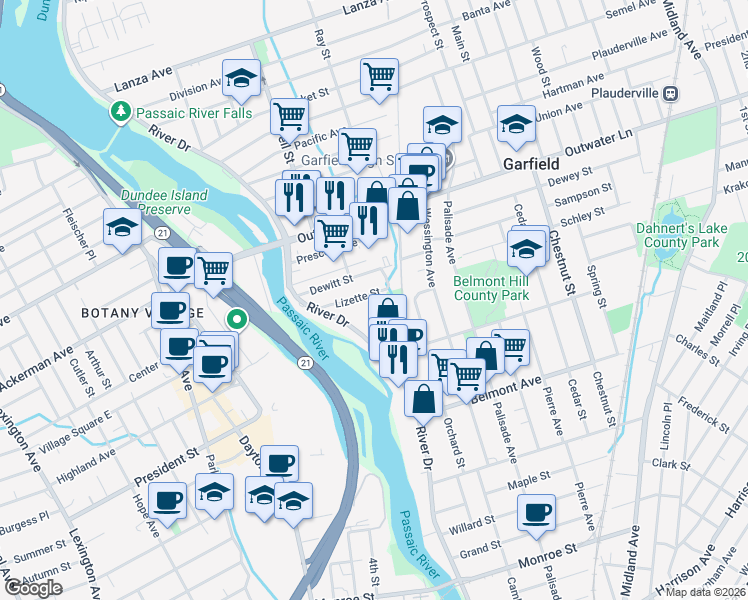 map of restaurants, bars, coffee shops, grocery stores, and more near 568 River Drive in Garfield