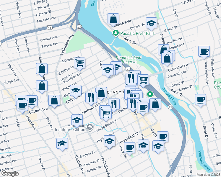 map of restaurants, bars, coffee shops, grocery stores, and more near 52 Sherman Place in Clifton