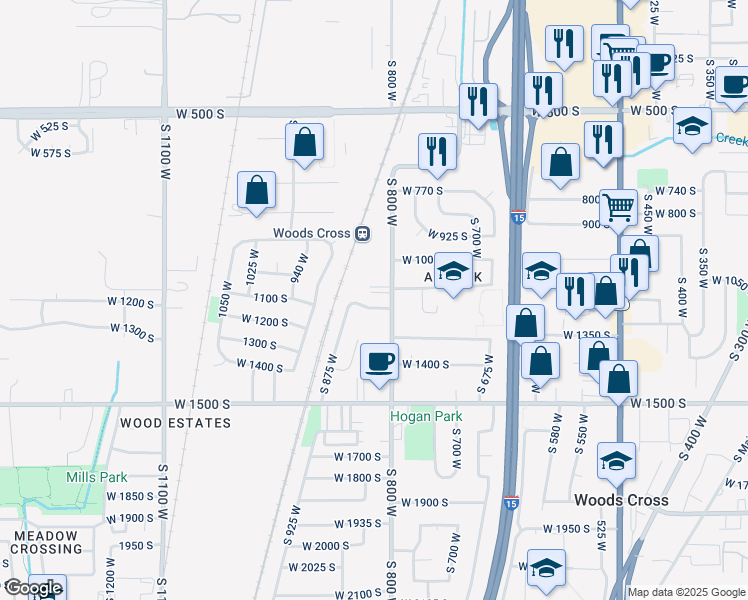 map of restaurants, bars, coffee shops, grocery stores, and more near 834 West 1175 South in Woods Cross