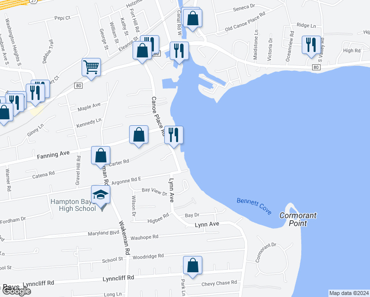 map of restaurants, bars, coffee shops, grocery stores, and more near 59 Canoe Place Road in Hampton Bays