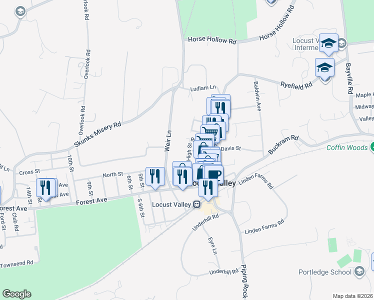 map of restaurants, bars, coffee shops, grocery stores, and more near 31 High Street in Locust Valley