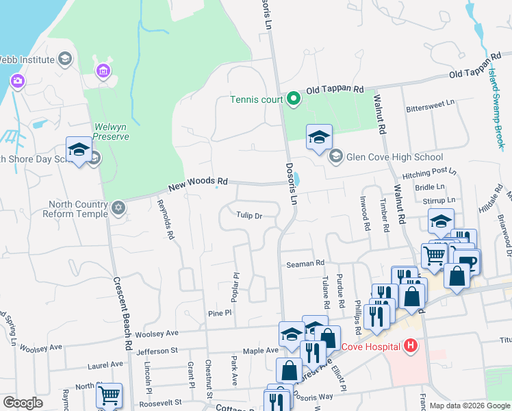 map of restaurants, bars, coffee shops, grocery stores, and more near 11 Hemlock Lane in Glen Cove