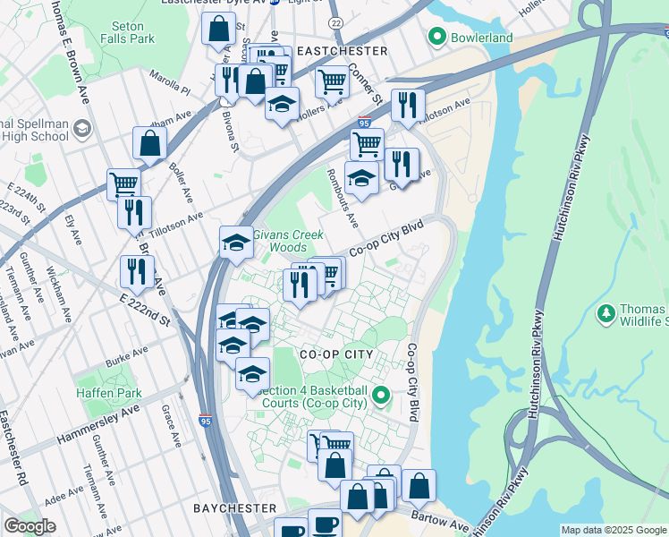 map of restaurants, bars, coffee shops, grocery stores, and more near 115 Dreiser Loop in Bronx