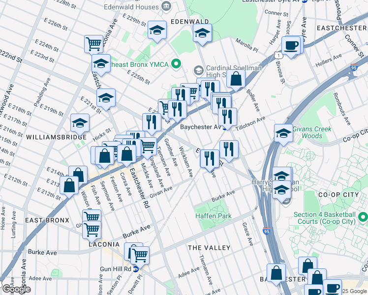map of restaurants, bars, coffee shops, grocery stores, and more near 3411 Wickham Avenue in The Bronx