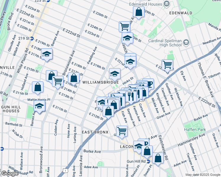 map of restaurants, bars, coffee shops, grocery stores, and more near 3577 Fish Avenue in Bronx