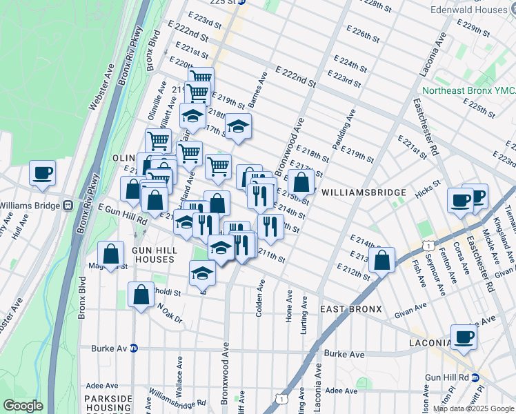 map of restaurants, bars, coffee shops, grocery stores, and more near 849 East 213th Street in Bronx