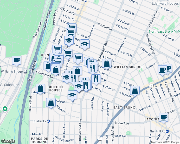 map of restaurants, bars, coffee shops, grocery stores, and more near 849 East 213th Street in Bronx