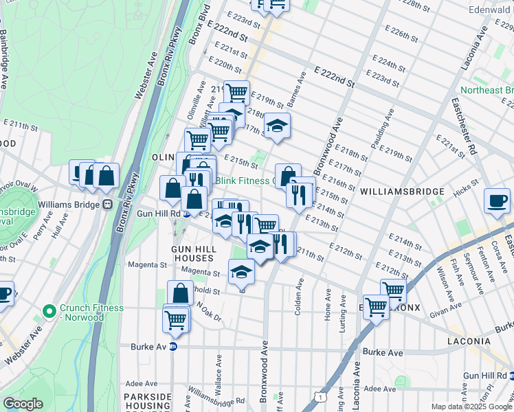 map of restaurants, bars, coffee shops, grocery stores, and more near 3537 Barnes Avenue in Bronx