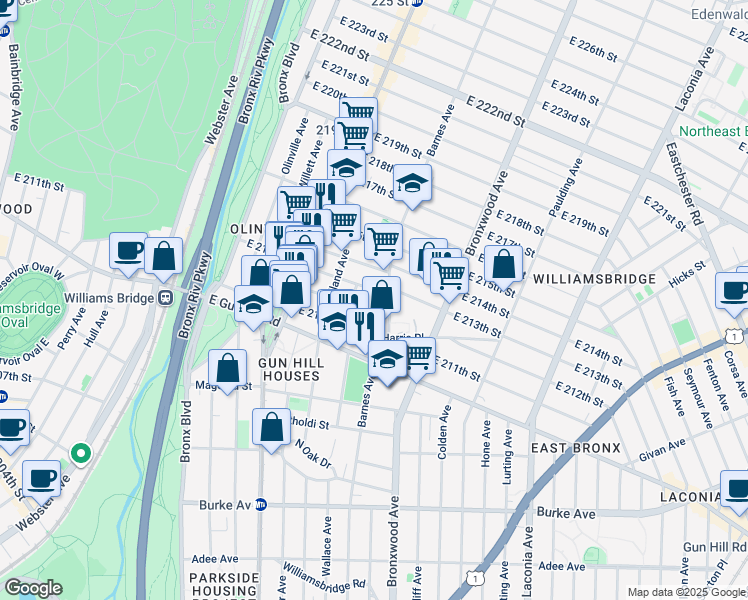 map of restaurants, bars, coffee shops, grocery stores, and more near 3554 Carlisle Place in Bronx