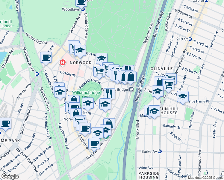 map of restaurants, bars, coffee shops, grocery stores, and more near 3346 Hull Avenue in Bronx