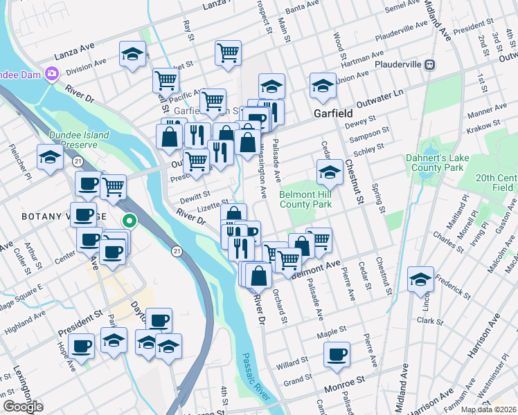 map of restaurants, bars, coffee shops, grocery stores, and more near 158 Orchard Street in Garfield