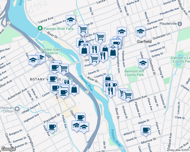map of restaurants, bars, coffee shops, grocery stores, and more near 36 Lizette Street in Garfield