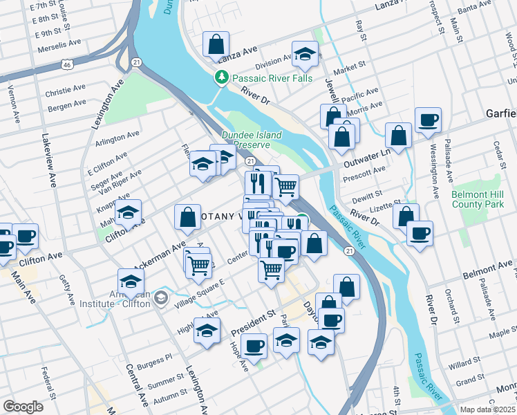 map of restaurants, bars, coffee shops, grocery stores, and more near 93 Randolph Avenue in Clifton