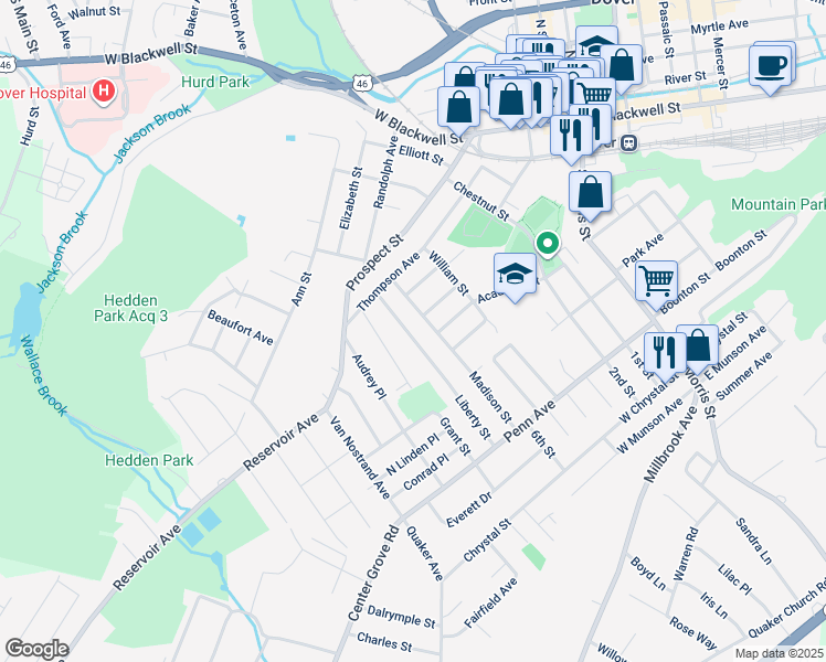 map of restaurants, bars, coffee shops, grocery stores, and more near 58 Madison Street in Dover