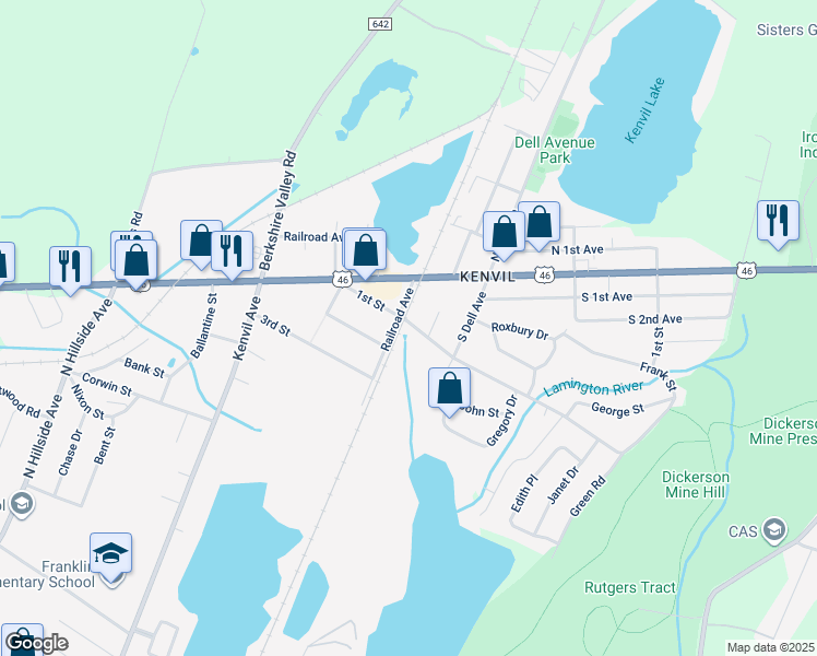 map of restaurants, bars, coffee shops, grocery stores, and more near 20 1st Street in Roxbury Township