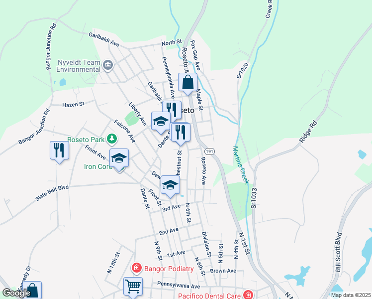 map of restaurants, bars, coffee shops, grocery stores, and more near 143 Chestnut Street in Roseto