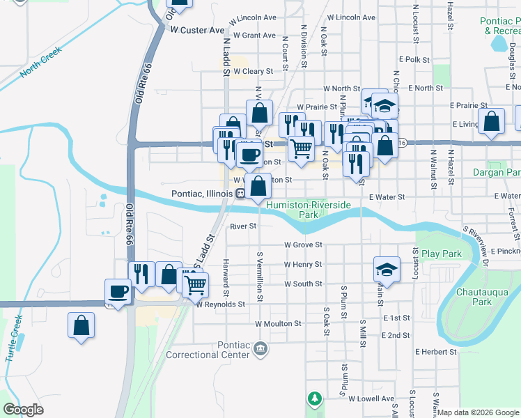 map of restaurants, bars, coffee shops, grocery stores, and more near in Pontiac