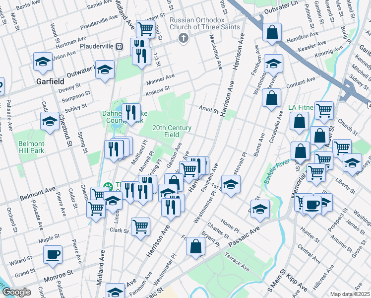 map of restaurants, bars, coffee shops, grocery stores, and more near 215 Malcolm Avenue in Garfield