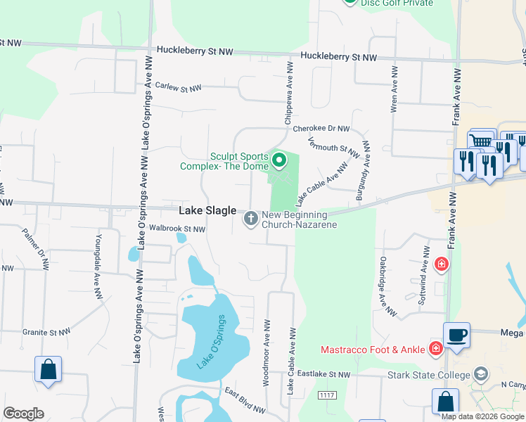 map of restaurants, bars, coffee shops, grocery stores, and more near 5625 Portage Street Northwest in North Canton
