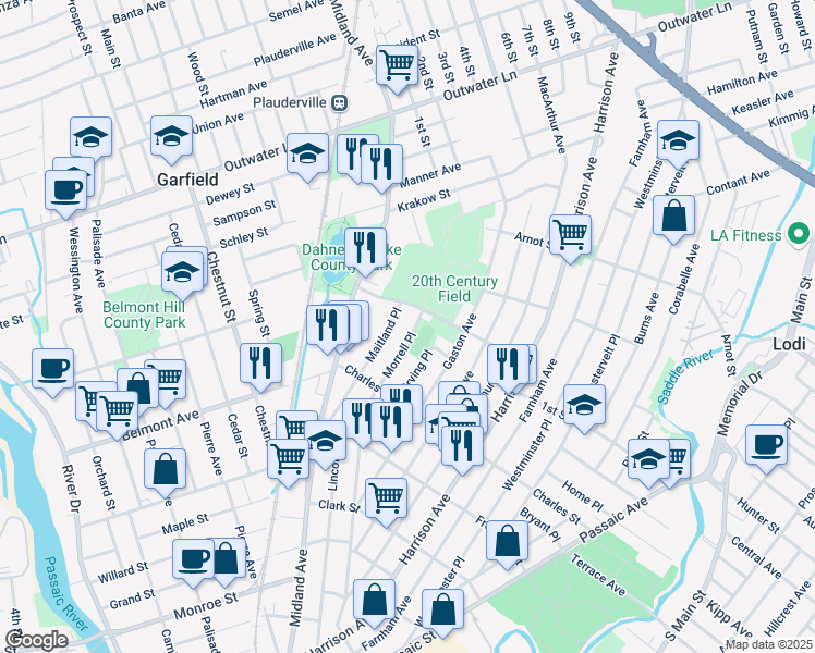 map of restaurants, bars, coffee shops, grocery stores, and more near 101 Morrell Place in Garfield