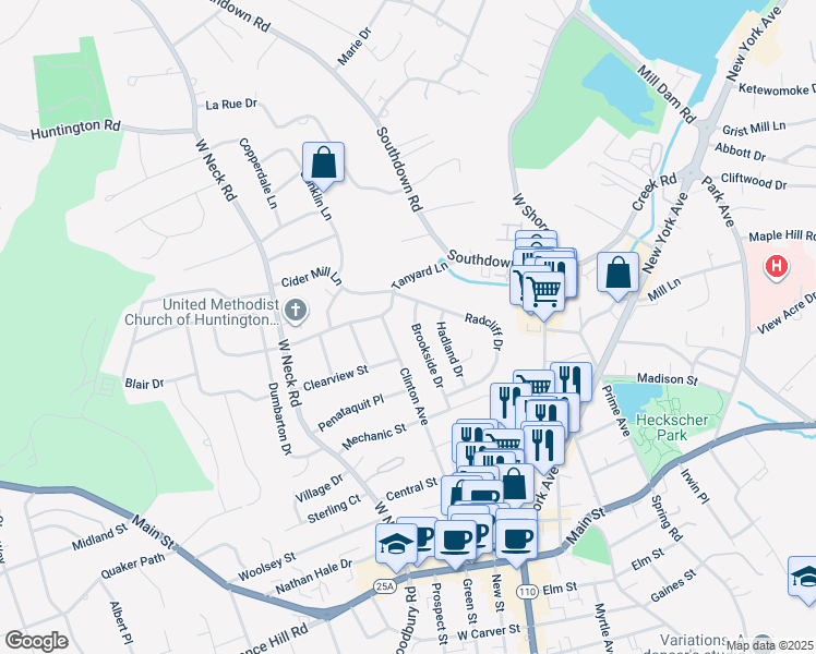 map of restaurants, bars, coffee shops, grocery stores, and more near 5 Brookside Drive in Huntington